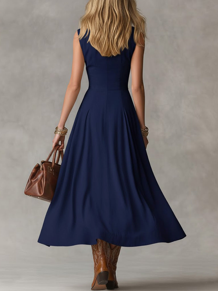 🔥Summer Arrivals🌟Women's Solid Color Collared Sleeveless Casual Loose Cotton Linen Dress