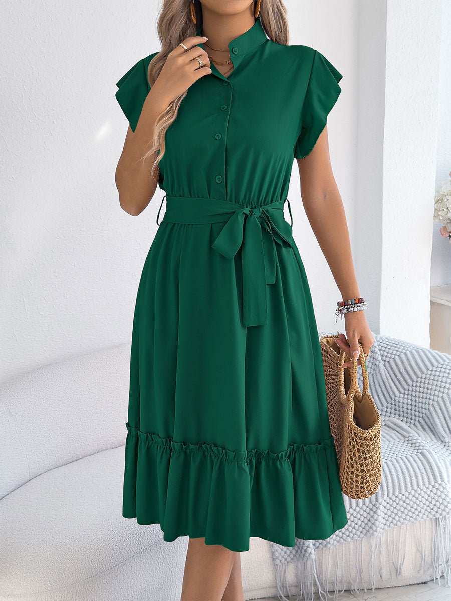 🔥Summer Arrivals🌟Women's Casual Stand-up Collar Ruffled Tie Waist Shirt Dress