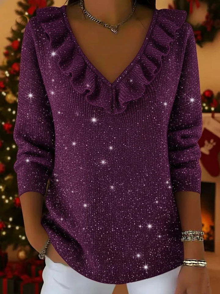 🔥Summer Arrivals🌟Christmas Elegant V-neck Ruffled Sparkly Sweater Top
