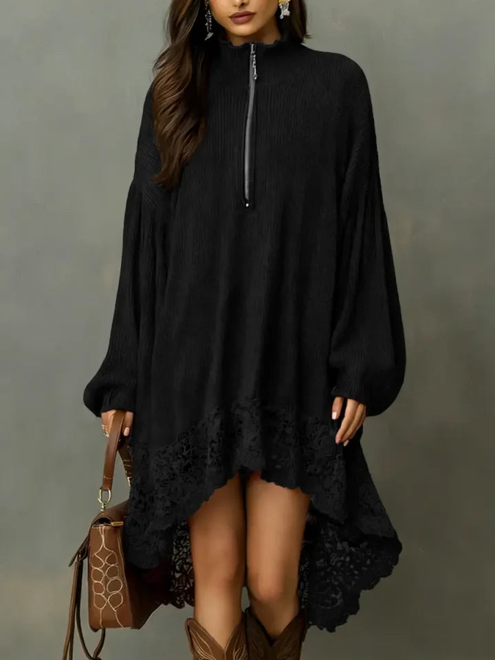 🔥Summer Arrivals🌟Women's Solid Color Stand-collar Long-sleeved Casual Loose Knit Dress With Lace Trim.