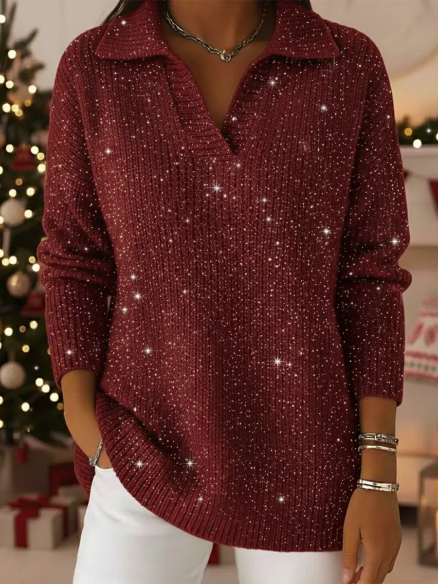 🔥Summer Arrivals🌟Christmas Party Polo Collar Shiny Loose Sweater Top