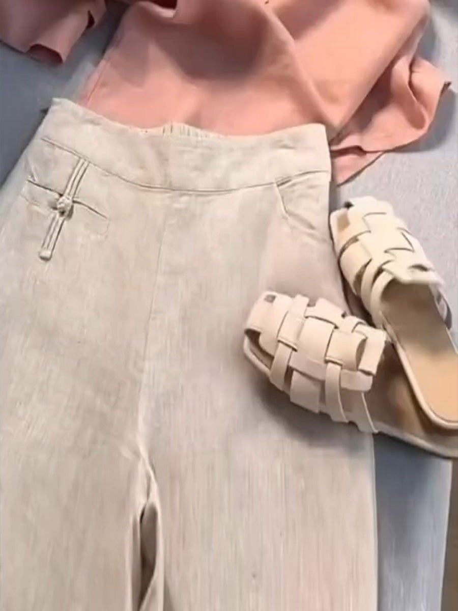 🔥Summer Arrivals🌟Women's Solid Color Button Half Elastic High Waist Casual Cotton and Linen Wide Leg Pants