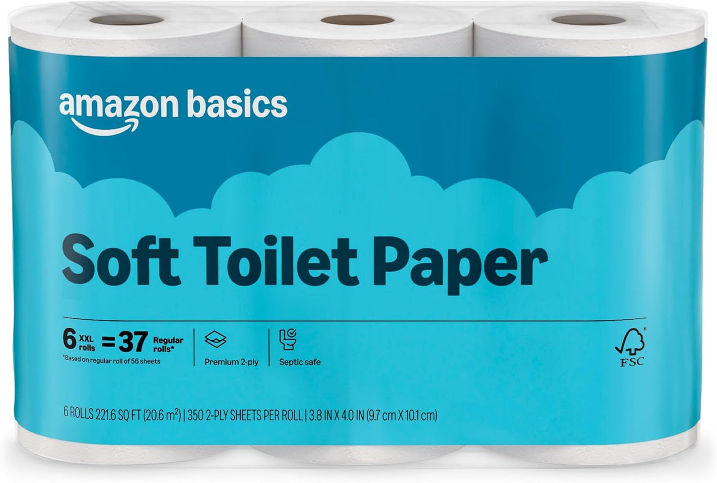 Amazon Basics 2-Ply Soft Toilet Paper, 30 Rolls (5 Packs of 6), 350 Sheets per Roll, Septic Safe, Equivalent to 185 Regular Rolls
