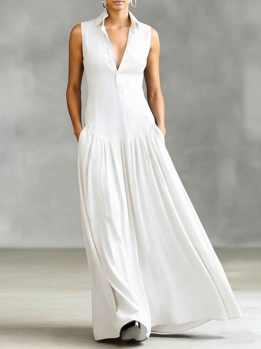 🔥Summer Arrivals🌟Women's Solid Color Lapel Sleeveless Casual Loose Cotton Dress