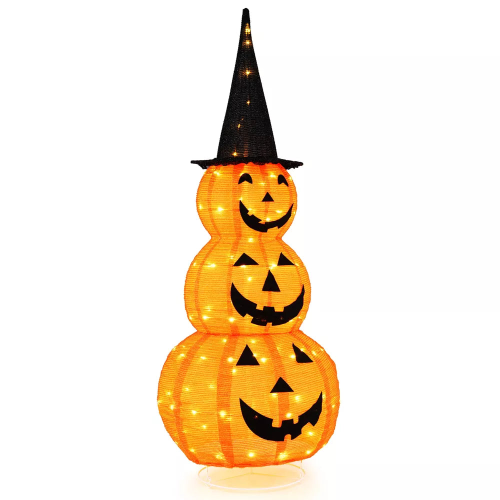 Tangkula Halloween Light Up Pumpkin Decoration Stacked Pumpkins with Witch Hat Build-in LED Lights Pop Up Jack-o-Lantern