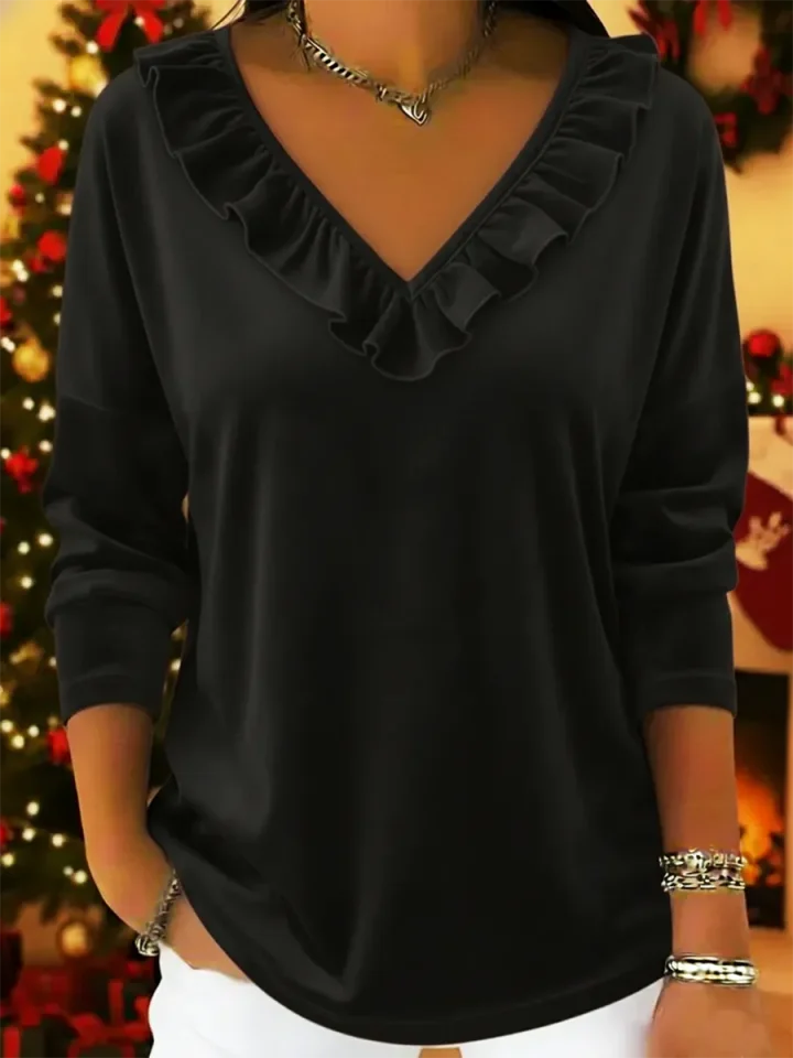 🔥Summer Arrivals🌟Retro Christmas Velvet V-neck Ruffled Pullover Top