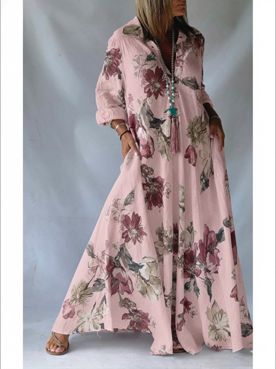 🔥Summer Arrivals🌟Loose-fitting Casual Linen And Cotton Floral Print Shirt Dress