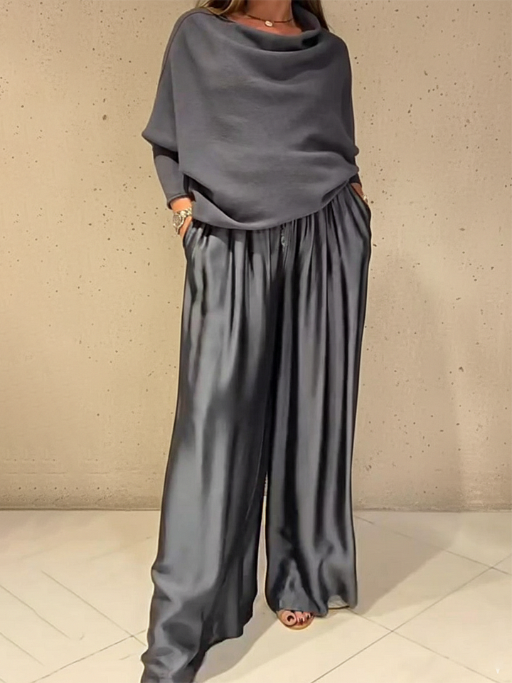 🔥Summer Arrivals🌟Elegant Off-shoulder Sweater and Satin Wide-leg Pants Two-piece Suit