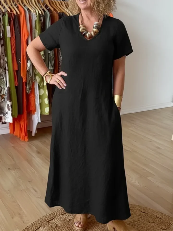 🔥Summer Arrivals🌟Elegant Diamond-neck Linen Midi Dress