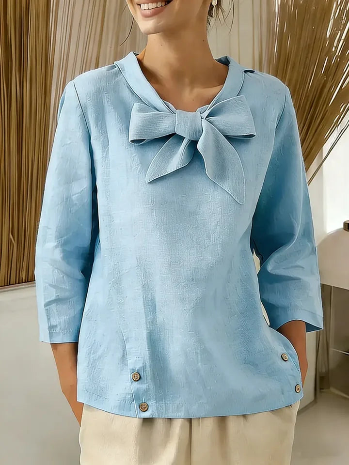 🔥Summer Arrivals🌟Women's Solid Color V-neck Bow Tie Three-quarter Sleeve Casual Loose Cotton Linen Top