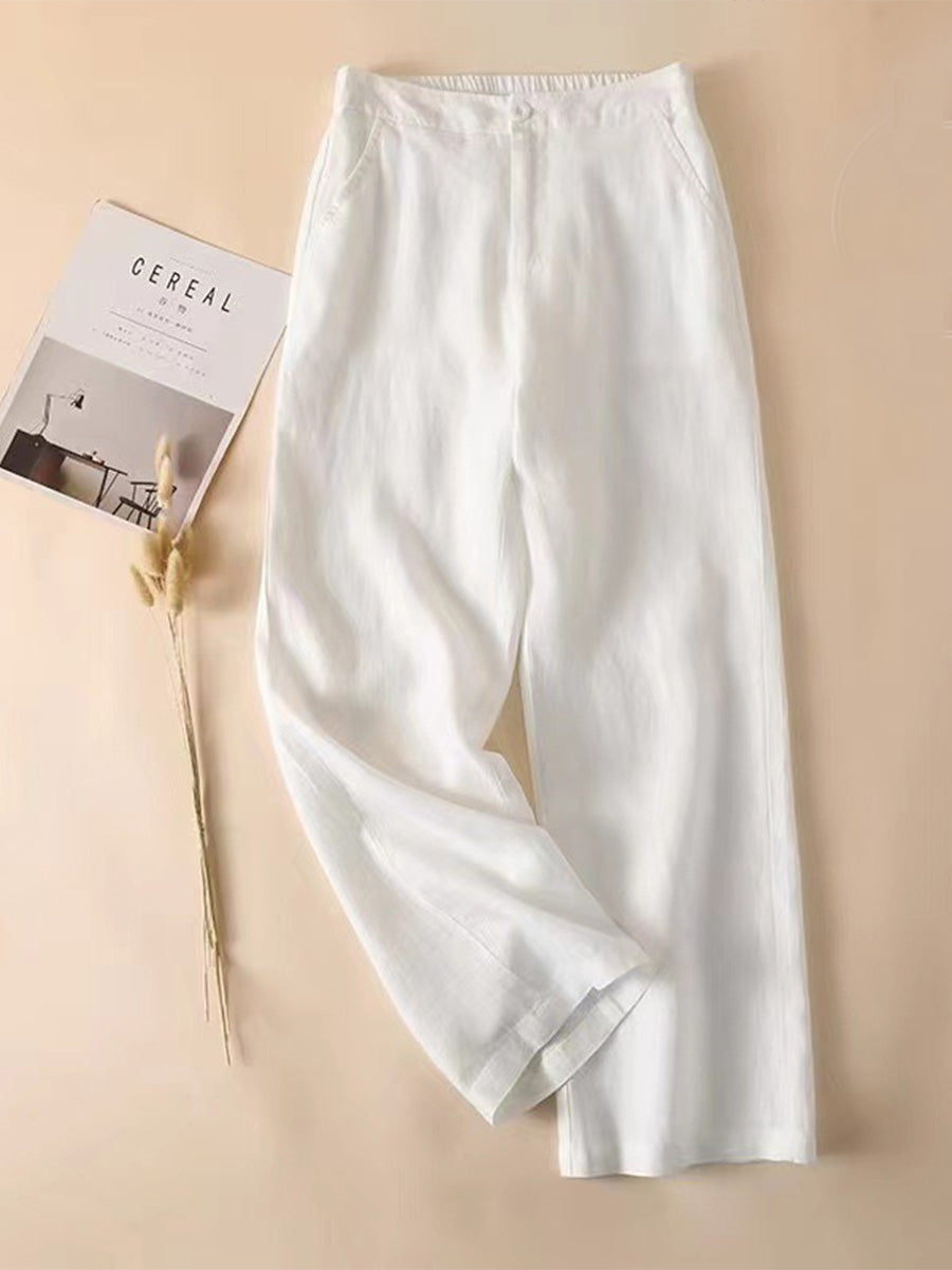 🔥Summer Arrivals🌟Women's Solid Color Half Elastic Waist Casual Cotton and Linen Wide Leg Pants