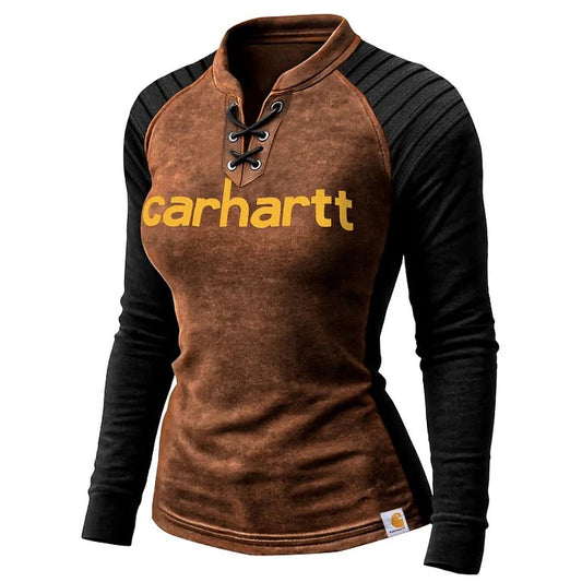 🔥𝗖𝗹𝗲𝗮𝗿𝗮𝗻𝗰𝗲 𝗦𝗮𝗹𝗲🌟Women's Vintage Western Cowboy Suede Color Block Lace-up Stand Collar Raglan Sleeve Long Sleeve T-Shirt