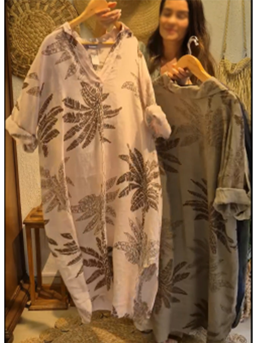 🔥Summer Arrivals🌟Casual Leaf Print Linen And Cotton Dress
