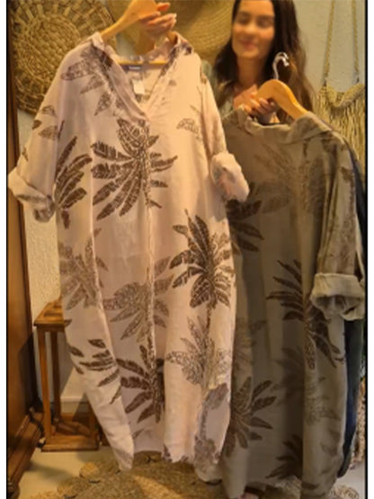 🔥Summer Arrivals🌟Casual Leaf Print Linen And Cotton Dress