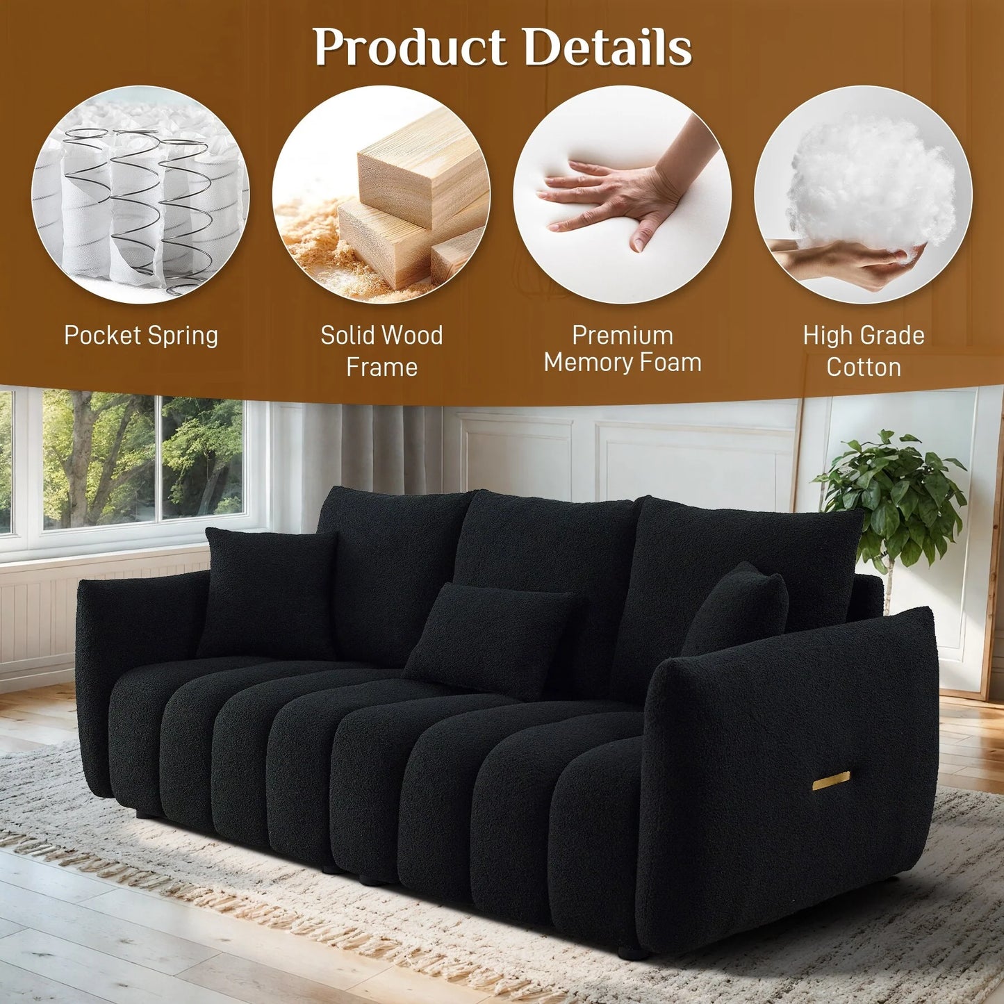 Ouyessir Overstuffed Upholstered Deep Seat Soft Fabric Sofa with 3 Pillows