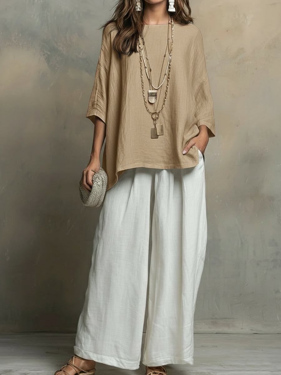 🔥Summer Arrivals🌟Cozy Cotton-linen Irregular Top And Wide-leg Pants Two-piece Set