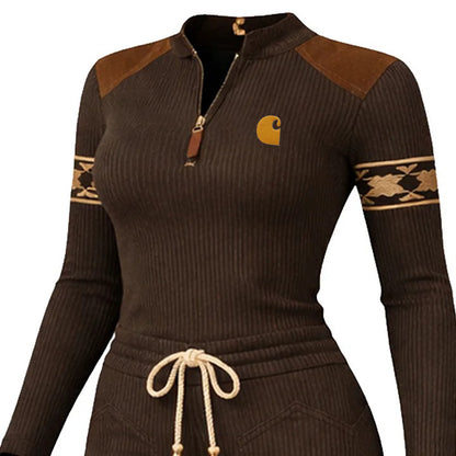 🔥𝗖𝗹𝗲𝗮𝗿𝗮𝗻𝗰𝗲 𝗦𝗮𝗹𝗲🌟Women's Vintage Brown Ribbed Jumpsuit With Suede Accents