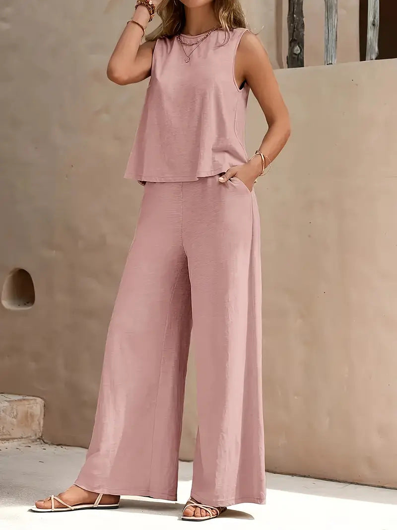 🔥Summer Arrivals🌟Women's Casual Crew Neck Top And Wide-leg Pants Set