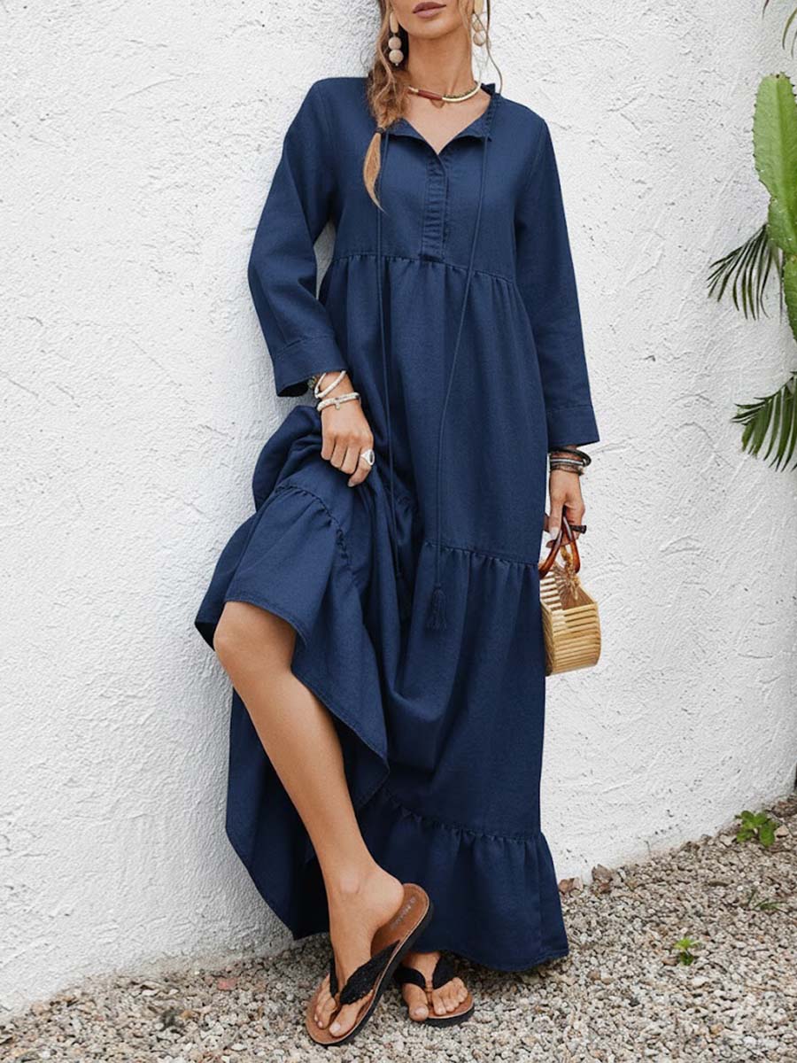 🔥Summer Arrivals🌟Women's Solid Color Round Neck Long Sleeve Casual Loose Cotton Linen Dress