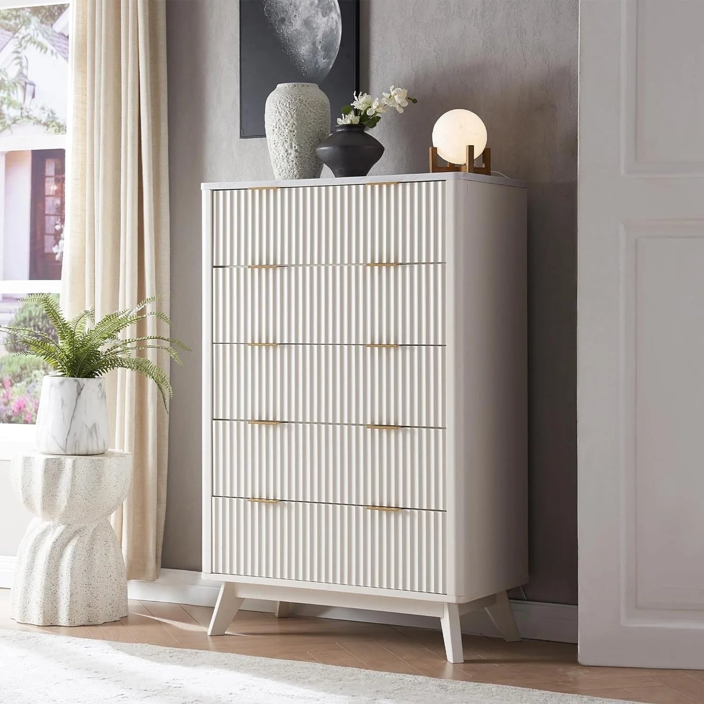 Modern Fluted 5 Drawers Dresser, Chest of Drawers, Dresser TV Stand