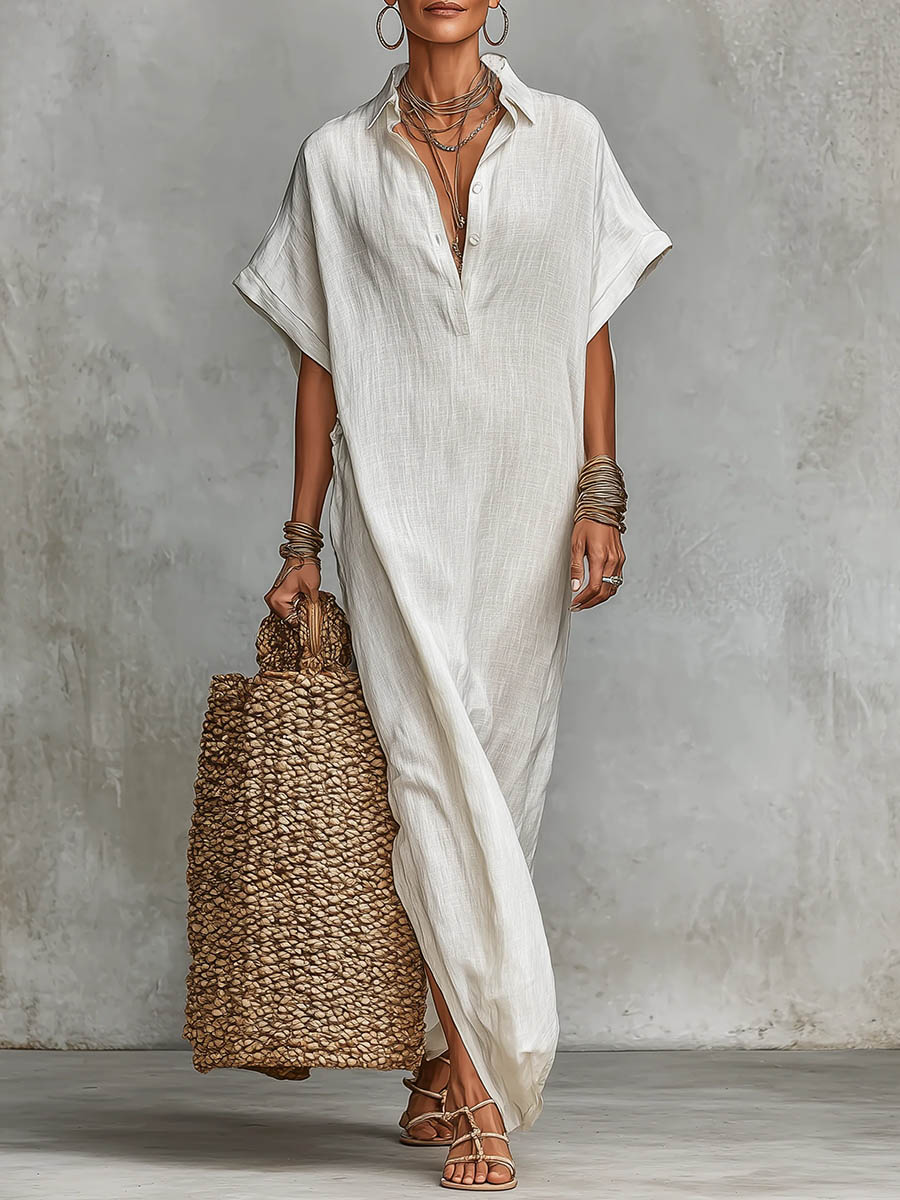 🔥Summer Arrivals🌟Women's Solid Color Collared Short-sleeved Casual Loose Linen Dress