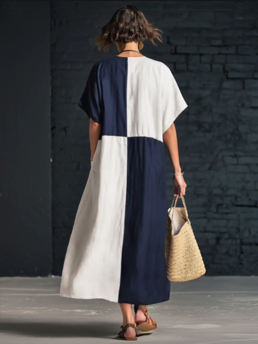 🔥Summer Arrivals🌟Stylish Color-blocked Loose-fitting Linen-cotton Midi Dress