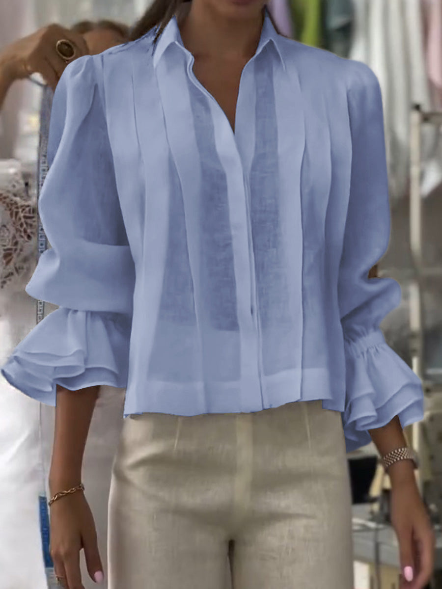 🔥Summer Arrivals🌟Women's Solid Color Lapel Long Sleeve Casual Loose Linen Cardigan Top