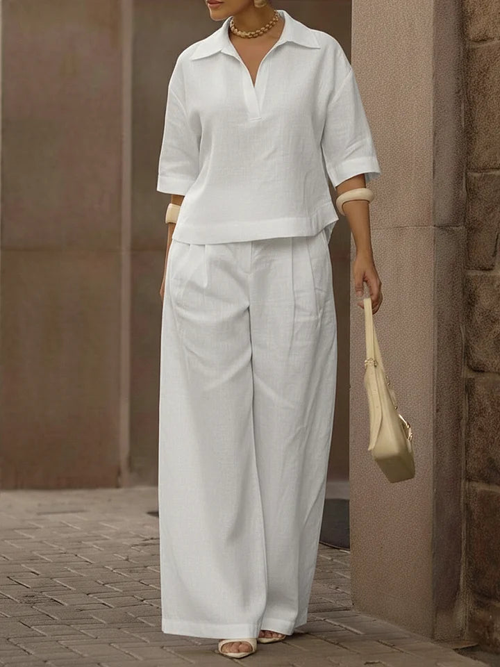 🔥Summer Arrivals🌟Women's Casual Linen And Cotton Shirt And Wide-leg Pants Two-piece Set