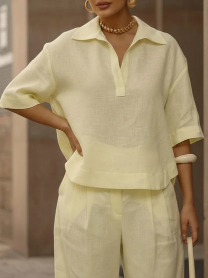 🔥Summer Arrivals🌟Women's Casual Linen And Cotton Shirt And Wide-leg Pants Two-piece Set