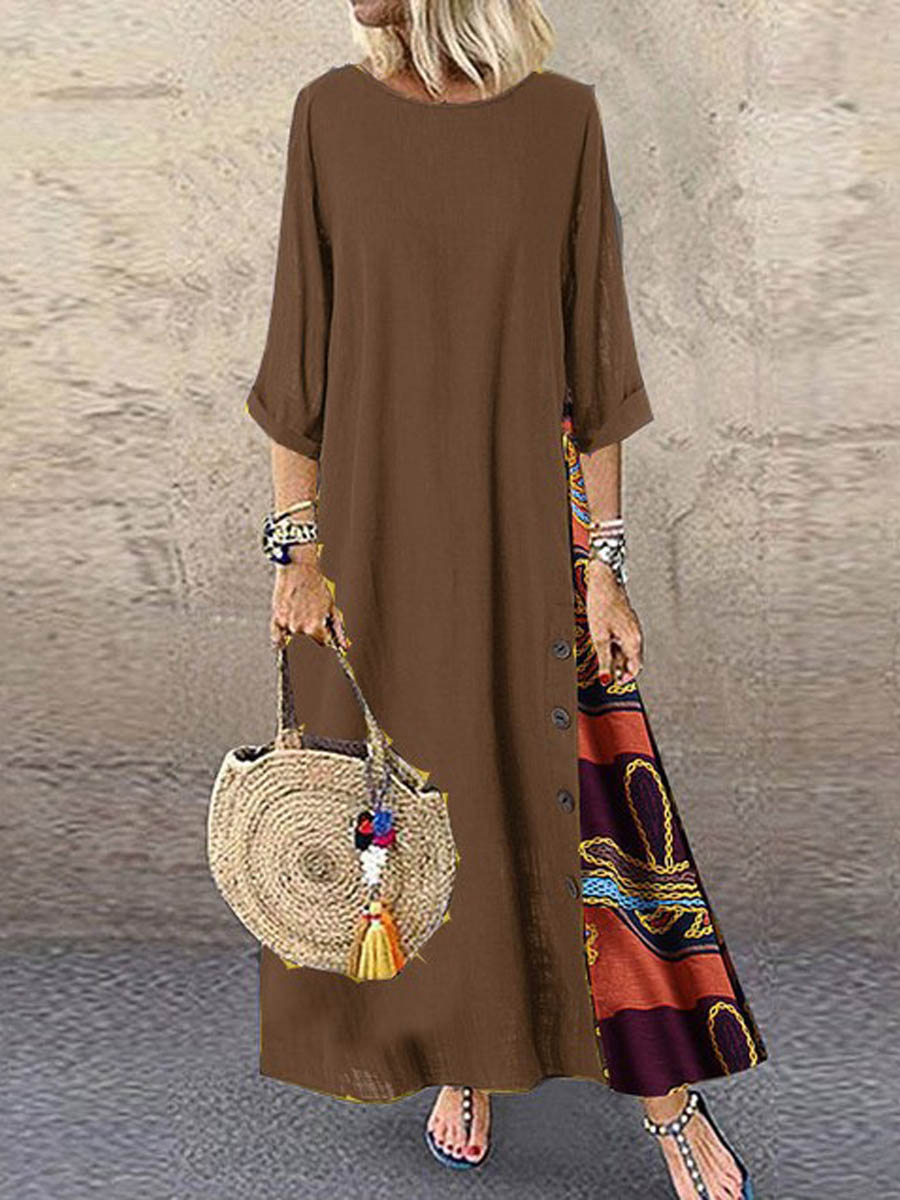 🔥Summer Arrivals🌟Women's Retro Floral Contrast Button Patchwork Cotton And Linen Casual Dress