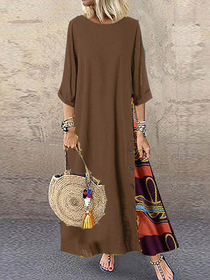 🔥Summer Arrivals🌟Women's Retro Floral Contrast Button Patchwork Cotton And Linen Casual Dress