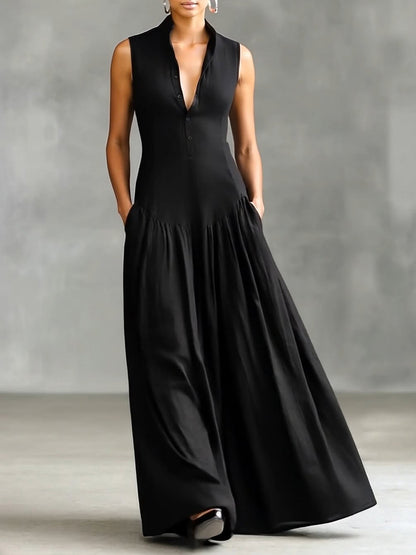 🔥Summer Arrivals🌟Women's Solid Color Lapel Sleeveless Casual Loose Cotton Dress