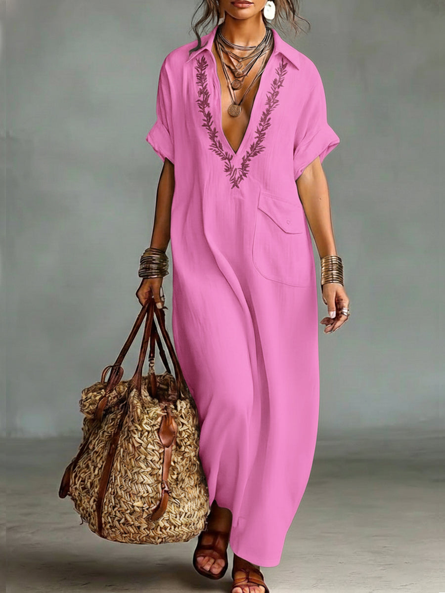 🔥Summer Arrivals🌟Loose-fitting V-neck Linen And Cotton Dress
