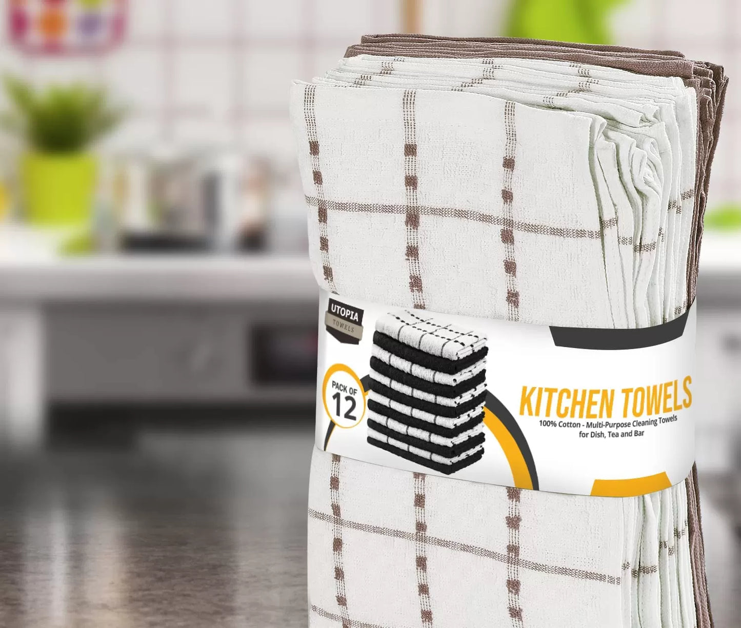 Kitchen Towels 12 Pack, 15 x 25 Inches, 100% Ring Spun Cotton Super Soft and Absorbent Linen Dish Towels, Tea Towels and Bar Towels Set (Black)