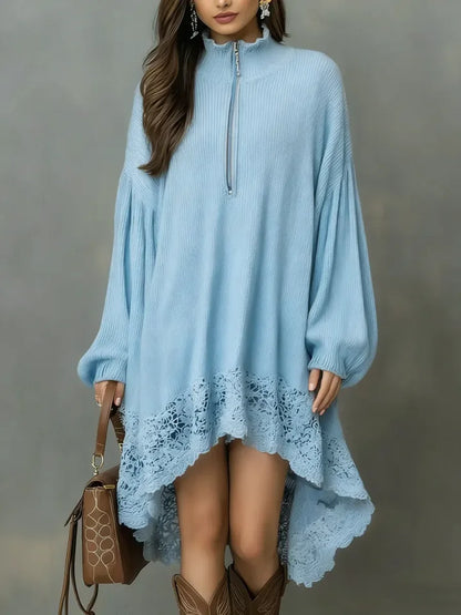 🔥Summer Arrivals🌟Women's Solid Color Stand-collar Long-sleeved Casual Loose Knit Dress With Lace Trim.