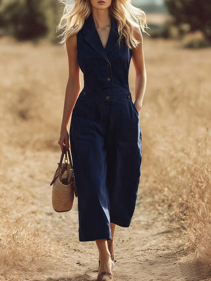 🔥Summer Arrivals🌟Women's Solid Color Lapel Sleeveless Casual Loose Cotton Jumpsuit