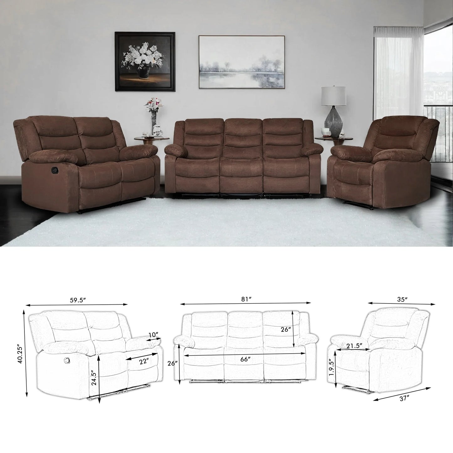 Modern 3-Piece Manual Reclining Living Room Sofa Set with Dropdown Table and Console