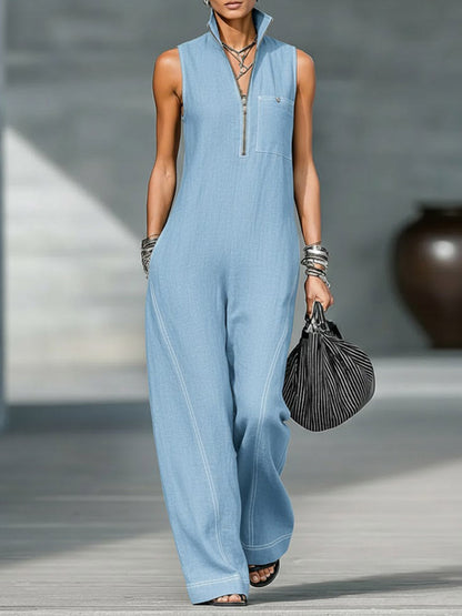 🔥Summer Arrivals🌟Women's Stand-collar Sleeveless Casual Loose Cotton And Linen Jumpsuit