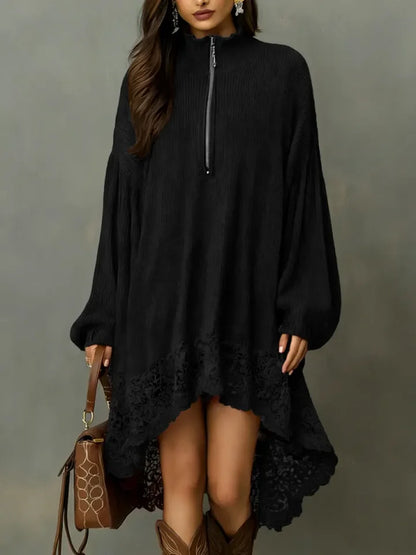 🔥Summer Arrivals🌟Women's Solid Color Stand-collar Long-sleeved Casual Loose Knit Dress With Lace Trim.
