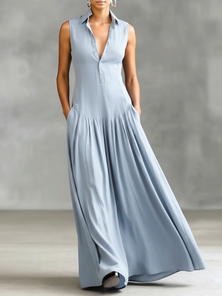 🔥Summer Arrivals🌟Women's Solid Color Lapel Sleeveless Casual Loose Cotton Dress