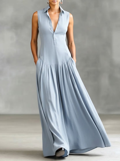 🔥Summer Arrivals🌟Women's Solid Color Lapel Sleeveless Casual Loose Cotton Dress
