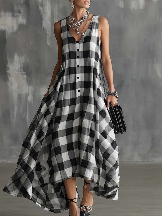🔥Summer Arrivals🌟Women's V-neck Sleeveless Plaid Print Casual Loose Cotton Linen Dress