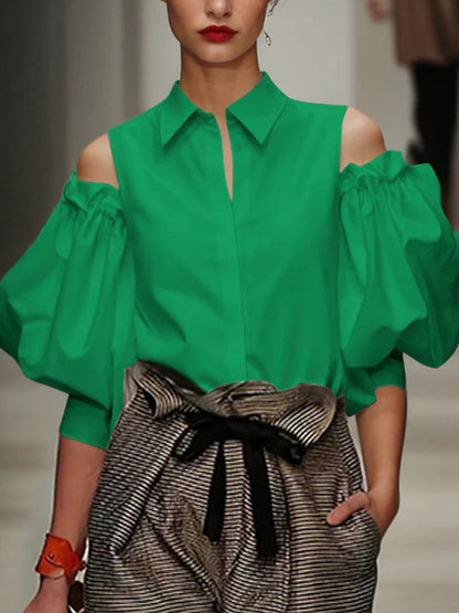 🔥Summer Arrivals🌟Women's Loose Pleated Solid Color Cold Shoulder Cotton Blouses