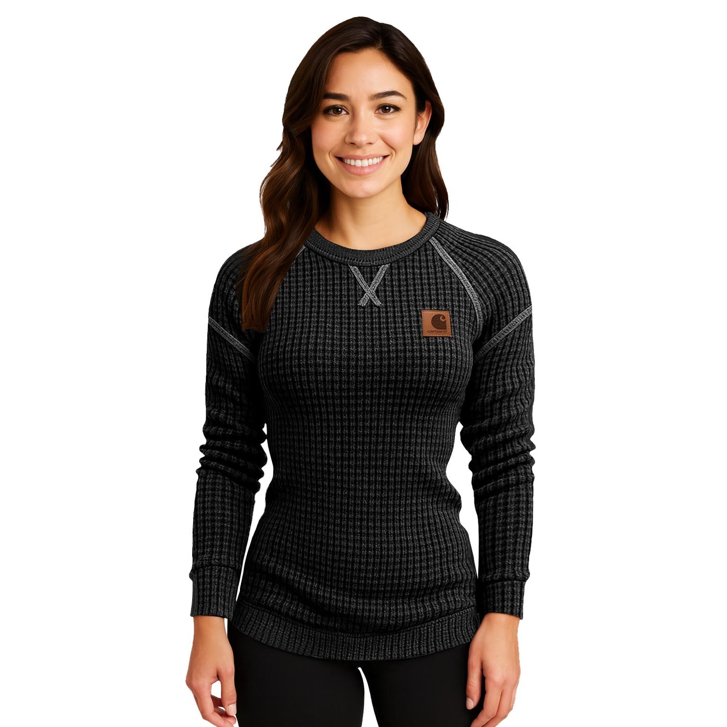 🔥𝗖𝗹𝗲𝗮𝗿𝗮𝗻𝗰𝗲 𝗦𝗮𝗹𝗲🌟Women's Vintage Black Waffle Knit Crewneck Long Sleeve Sweatshirt