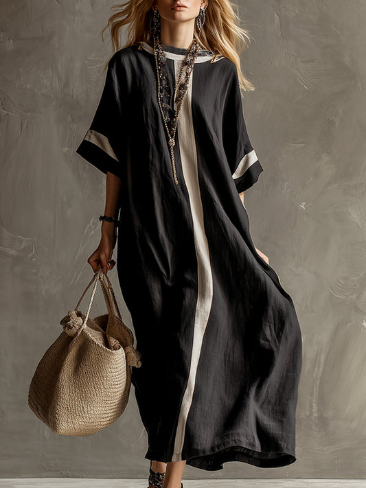 🔥Summer Arrivals🌟Stylish Urban Patchwork Black Cotton And Linen Short-sleeved Maxi Dress