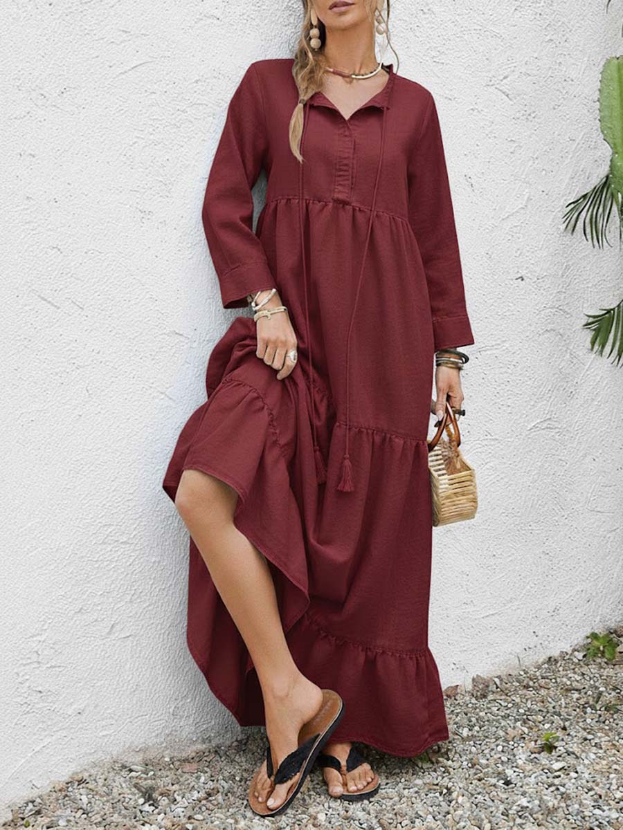 🔥Summer Arrivals🌟Women's Solid Color Round Neck Long Sleeve Casual Loose Cotton Linen Dress