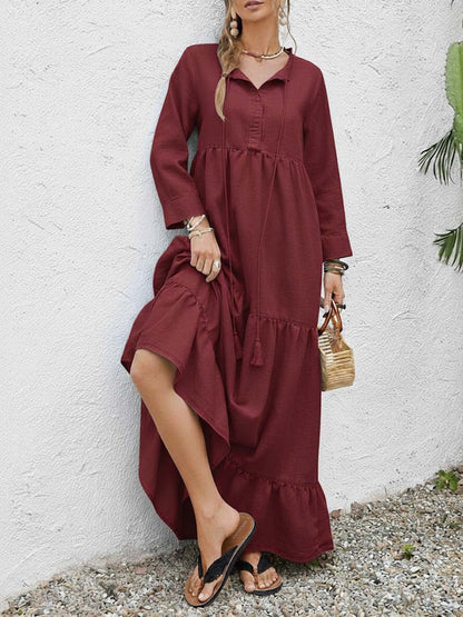 🔥Summer Arrivals🌟Women's Solid Color Round Neck Long Sleeve Casual Loose Cotton Linen Dress