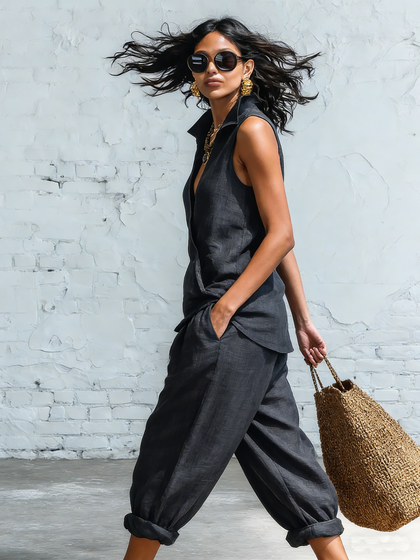 🔥Summer Arrivals🌟Minimalist Collared Shirt And Wide-leg Pant Linen Two-piece Set