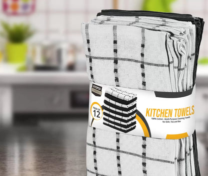 Kitchen Towels 12 Pack, 15 x 25 Inches, 100% Ring Spun Cotton Super Soft and Absorbent Linen Dish Towels, Tea Towels and Bar Towels Set (Black)