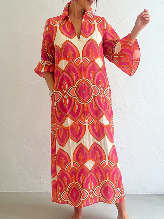 🔥Summer Arrivals🌟Retro Stand-up Collar Floral Print Loose Linen Cotton Dress